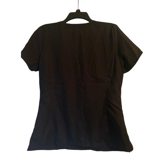VGUC Helping Hands Black Scrub Top Pockets 3% Spandex Size Medium - Picture 2 of 8